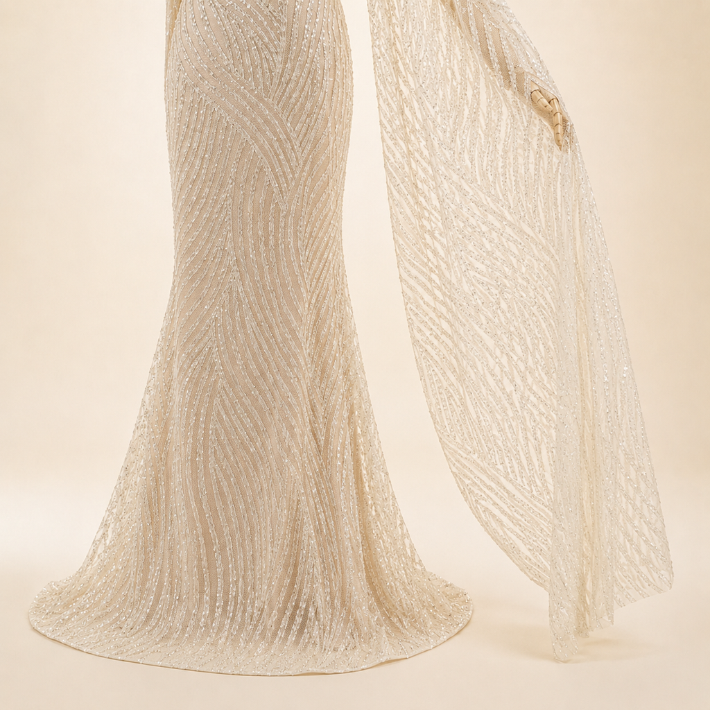 Elegant Champagne Glitter Formal Dress with Dramatic Sleeves SL206