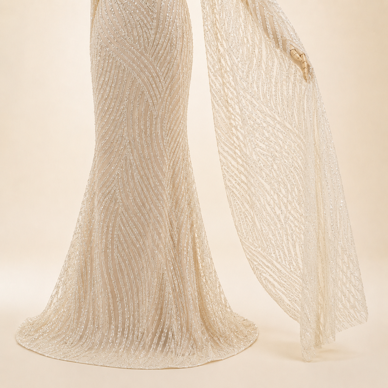 Elegant Champagne Glitter Formal Dress with Dramatic Sleeves SL206