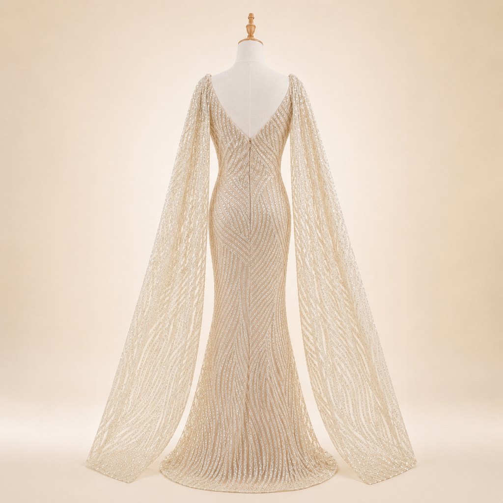 Elegant Champagne Glitter Formal Dress with Dramatic Sleeves SL206