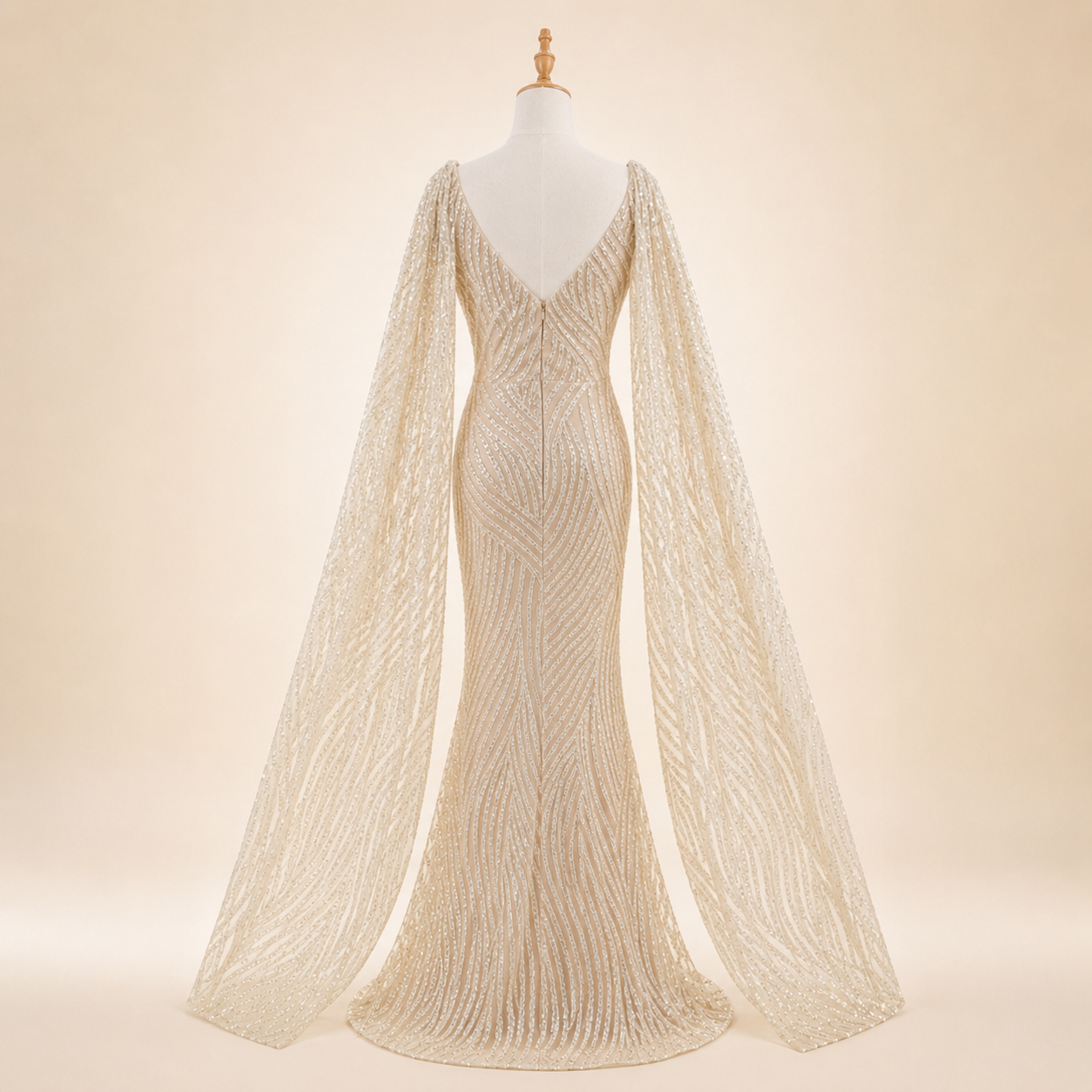 Elegant Champagne Glitter Formal Dress with Dramatic Sleeves SL206