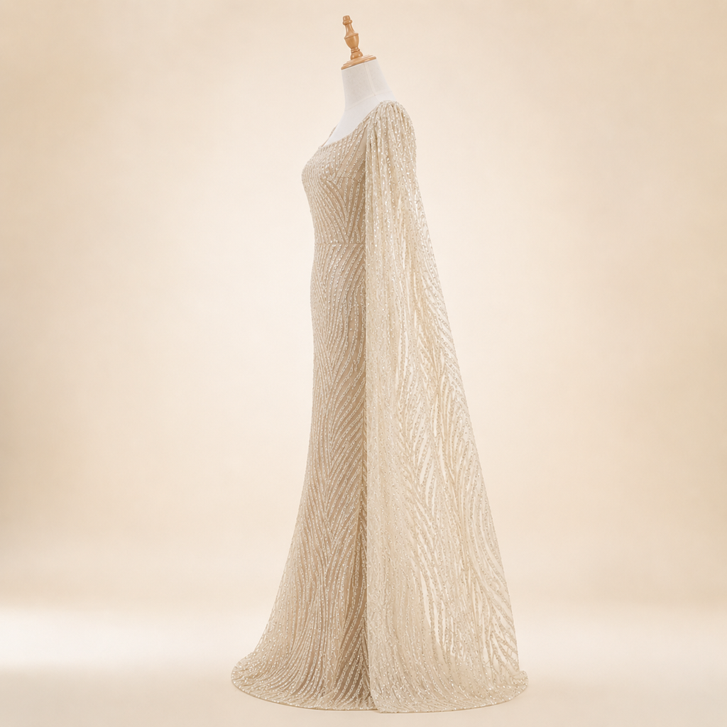 Elegant Champagne Glitter Formal Dress with Dramatic Sleeves SL206