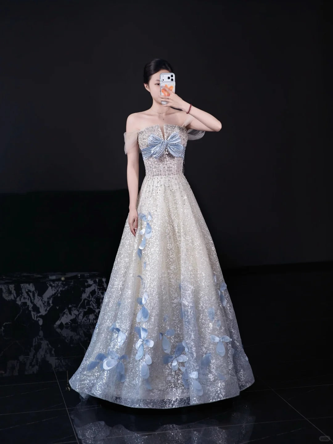 Sparkling Off-Shoulder Evening Dress with Bow Bust Cascading Blue Appliques SL223