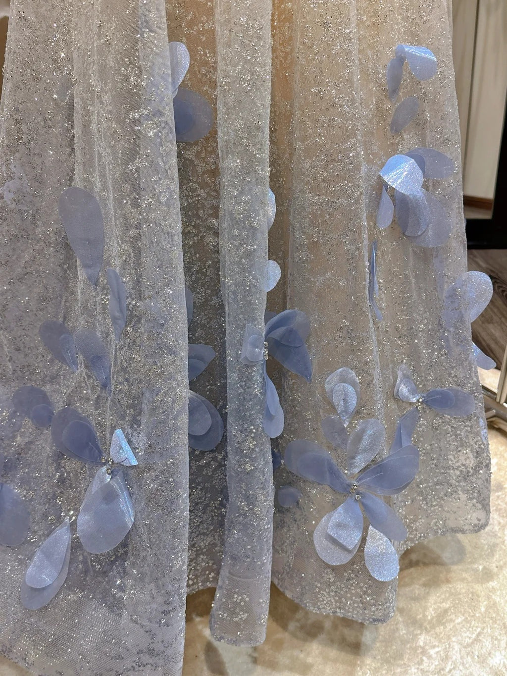 Sparkling Off-Shoulder Evening Dress with Bow Bust Cascading Blue Appliques SL223