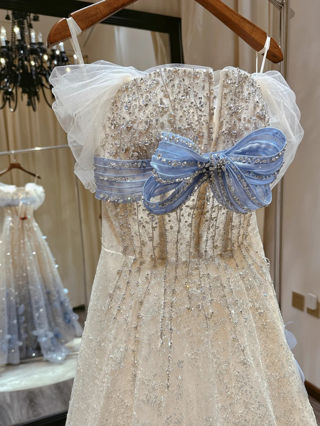 Sparkling Off-Shoulder Evening Dress with Bow Bust Cascading Blue Appliques SL223