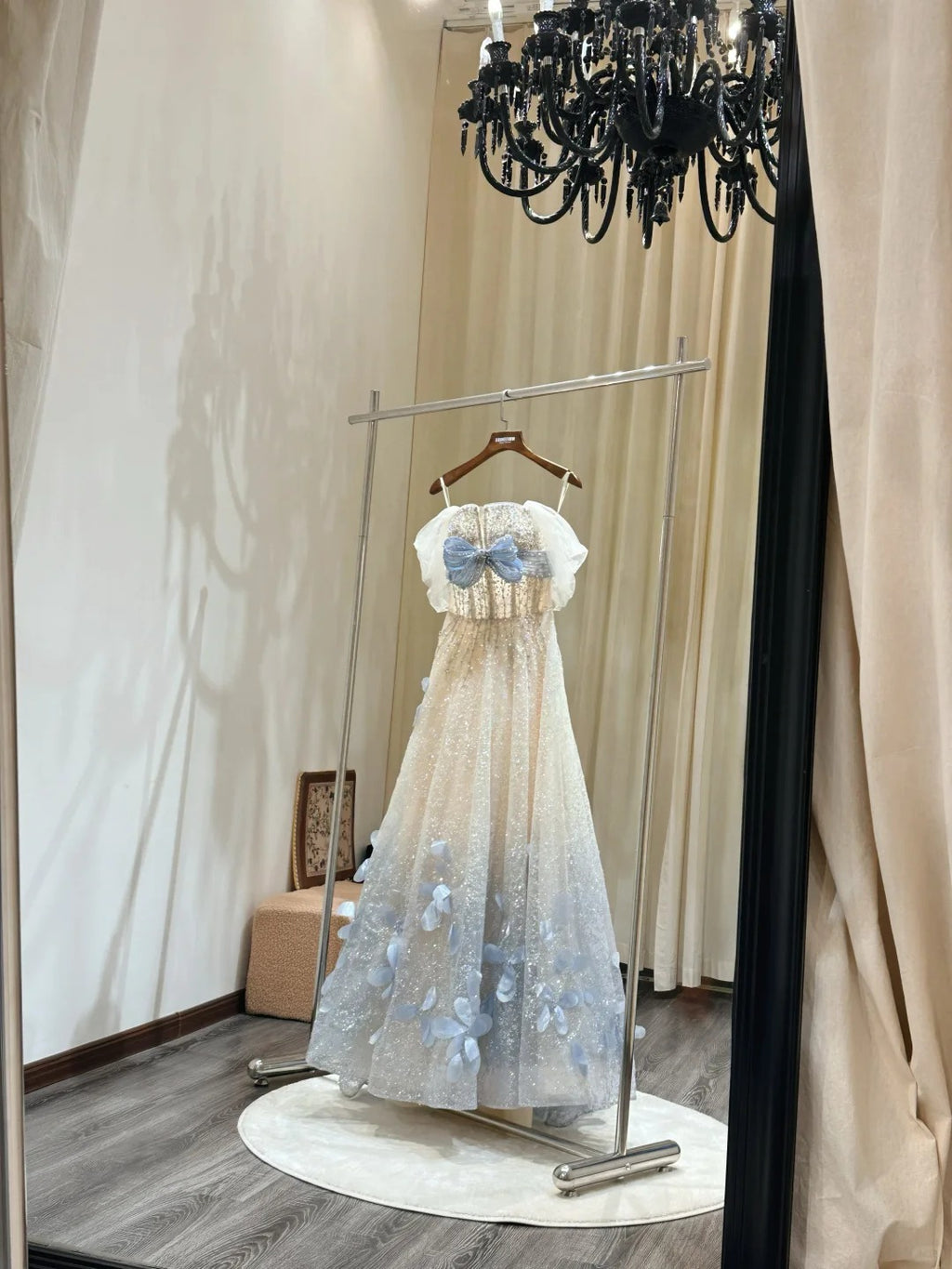 Sparkling Off-Shoulder Evening Dress with Bow Bust Cascading Blue Appliques SL223