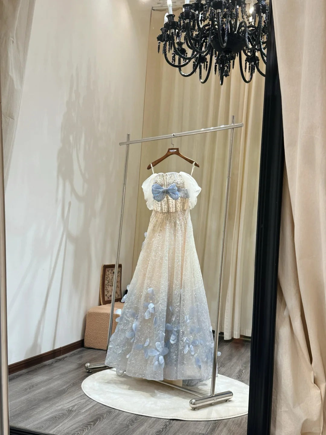 Sparkling Off-Shoulder Evening Dress with Bow Bust Cascading Blue Appliques SL223