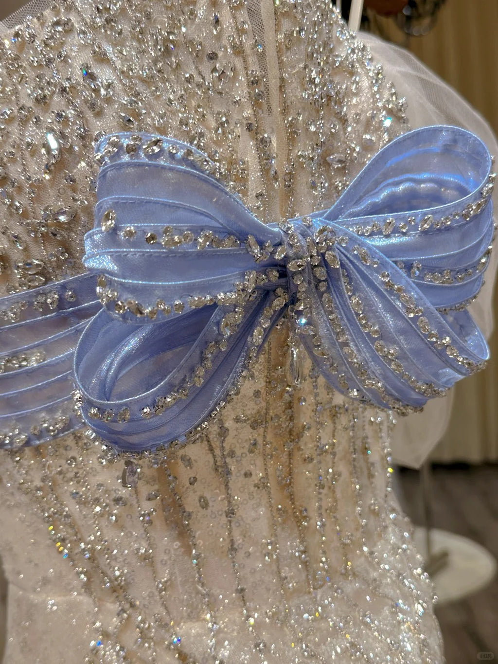 Sparkling Off-Shoulder Evening Dress with Bow Bust Cascading Blue Appliques SL223