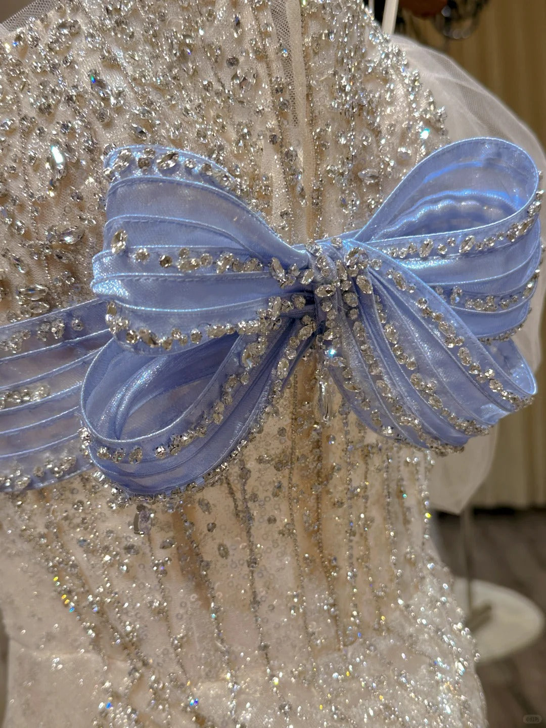 Sparkling Off-Shoulder Evening Dress with Bow Bust Cascading Blue Appliques SL223