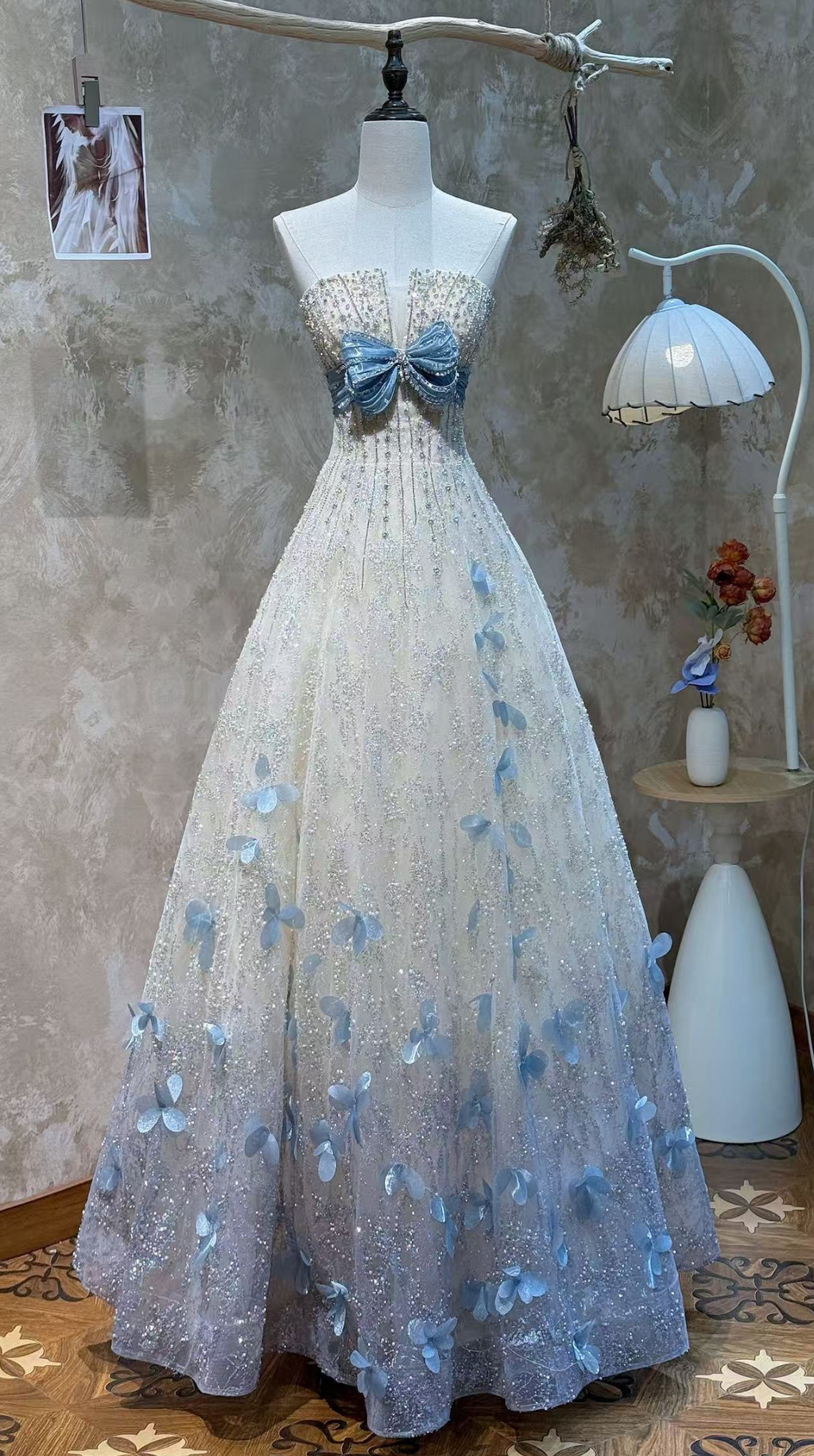 Sparkling Off-Shoulder Evening Dress with Bow Bust Cascading Blue Appliques SL223