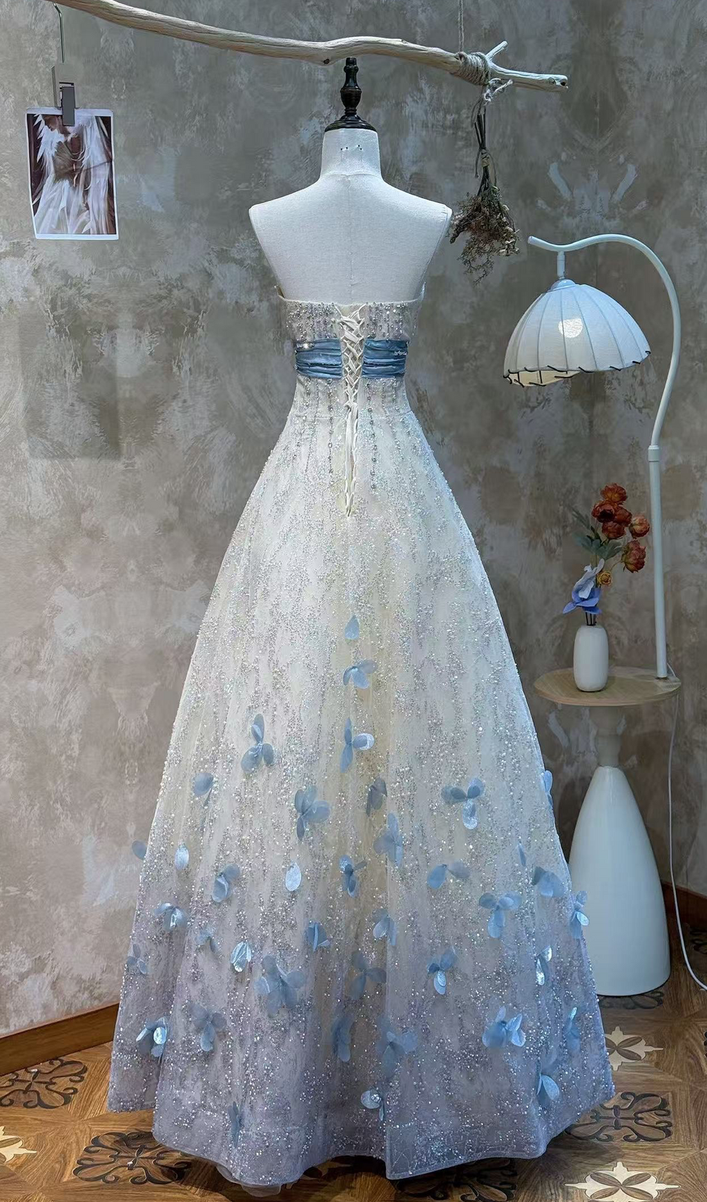 Sparkling Off-Shoulder Evening Dress with Bow Bust Cascading Blue Appliques SL223