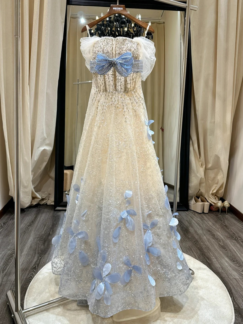 Sparkling Off-Shoulder Evening Dress with Bow Bust Cascading Blue Appliques SL223