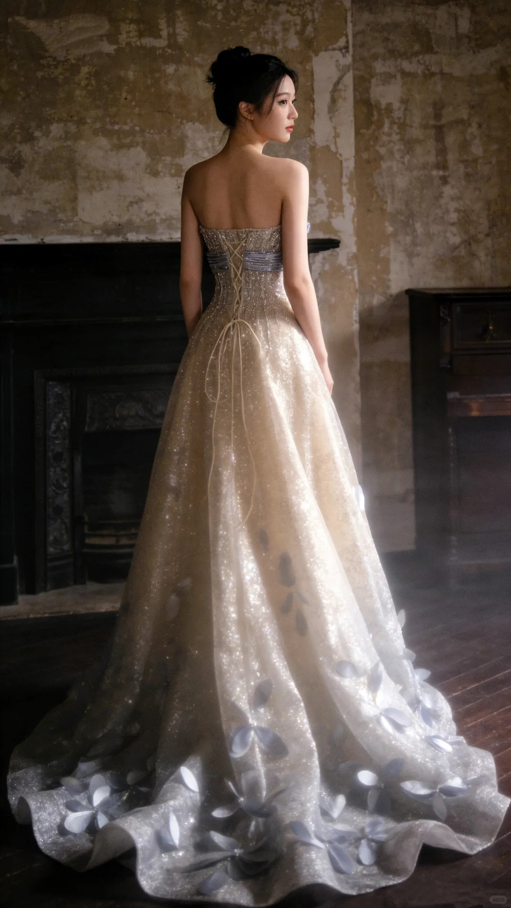 Sparkling Off-Shoulder Evening Dress with Bow Bust Cascading Blue Appliques SL223