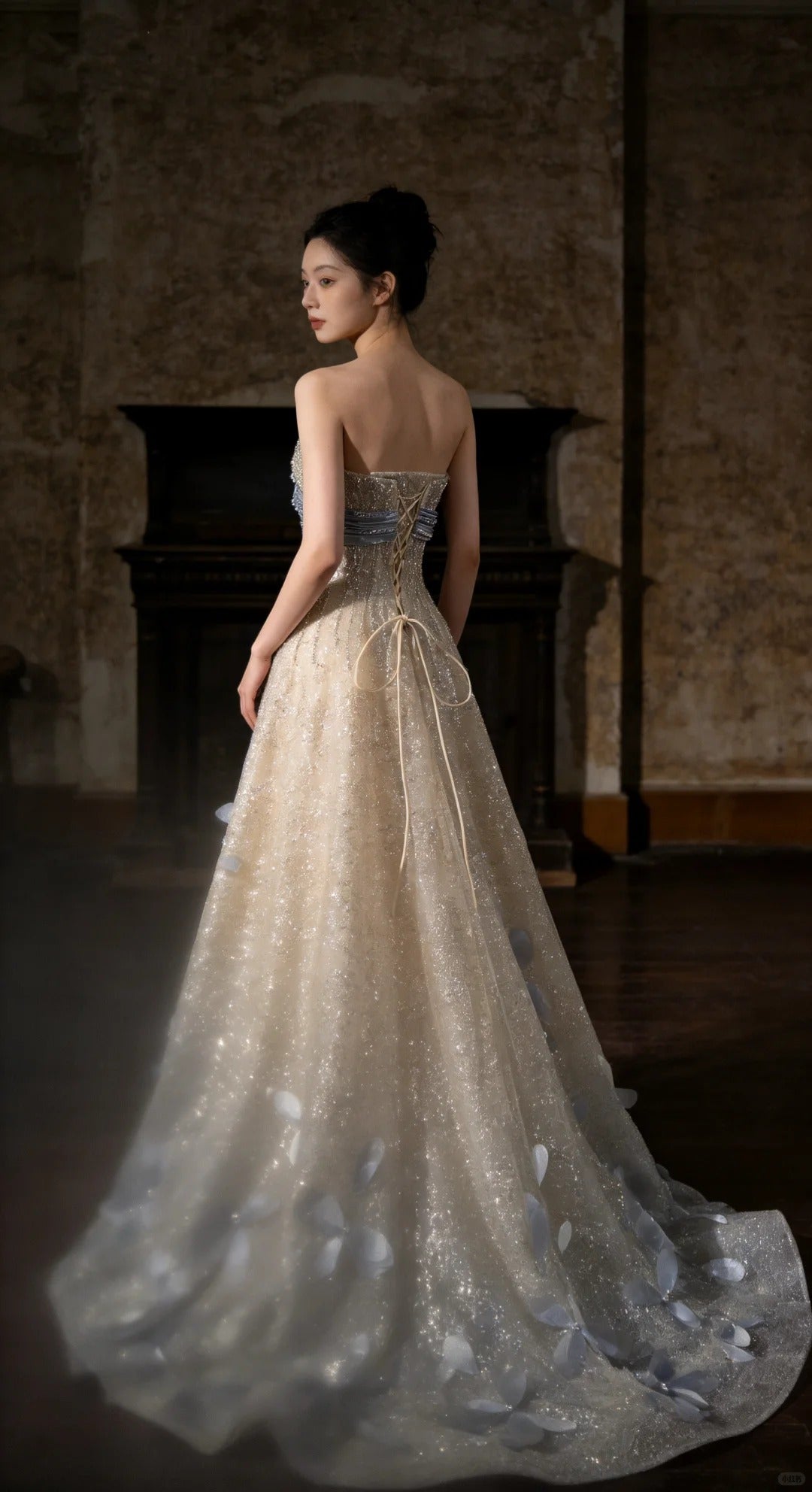 Sparkling Off-Shoulder Evening Dress with Bow Bust Cascading Blue Appliques SL223