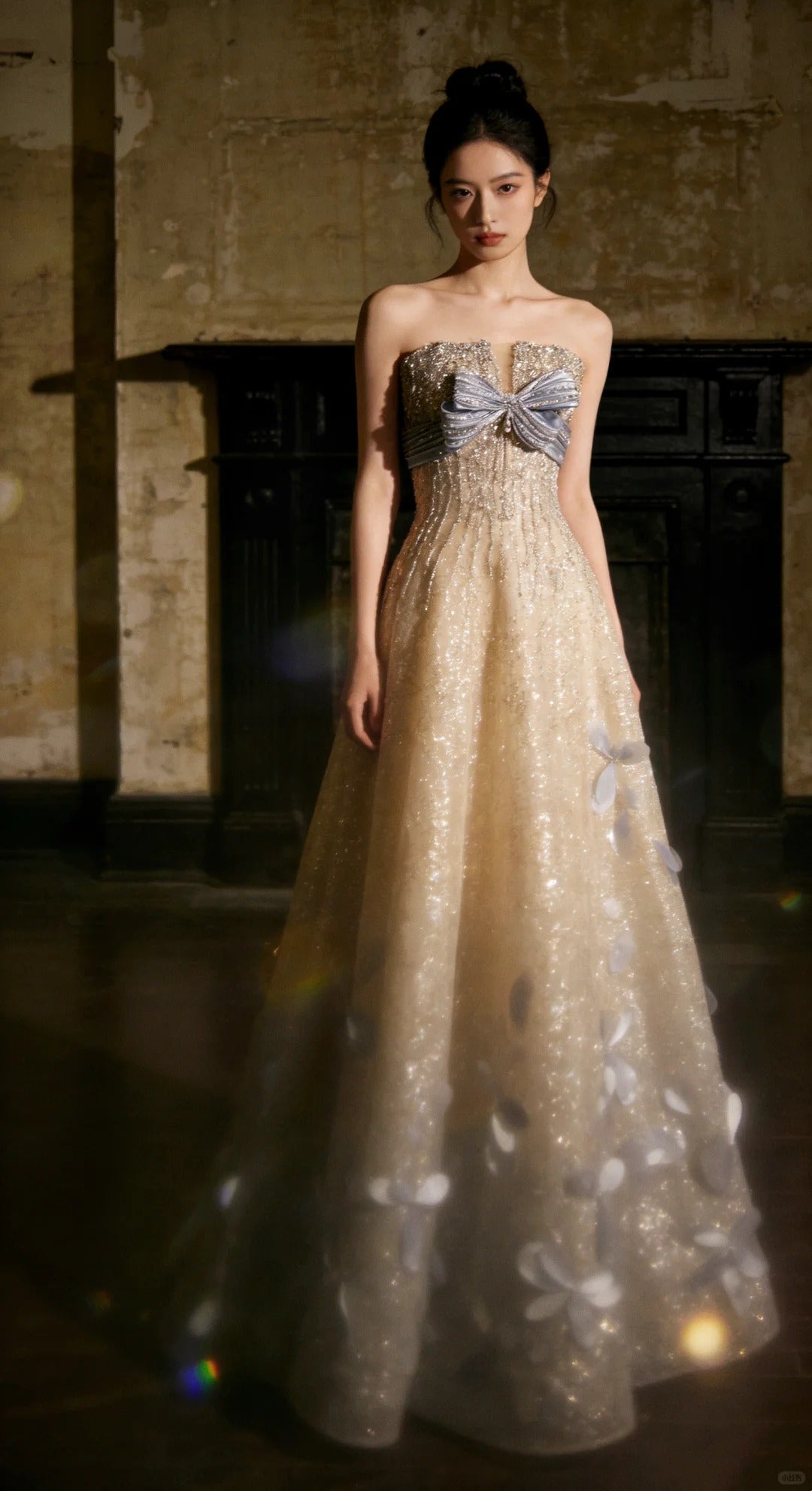 Sparkling Off-Shoulder Evening Dress with Bow Bust Cascading Blue Appliques SL223