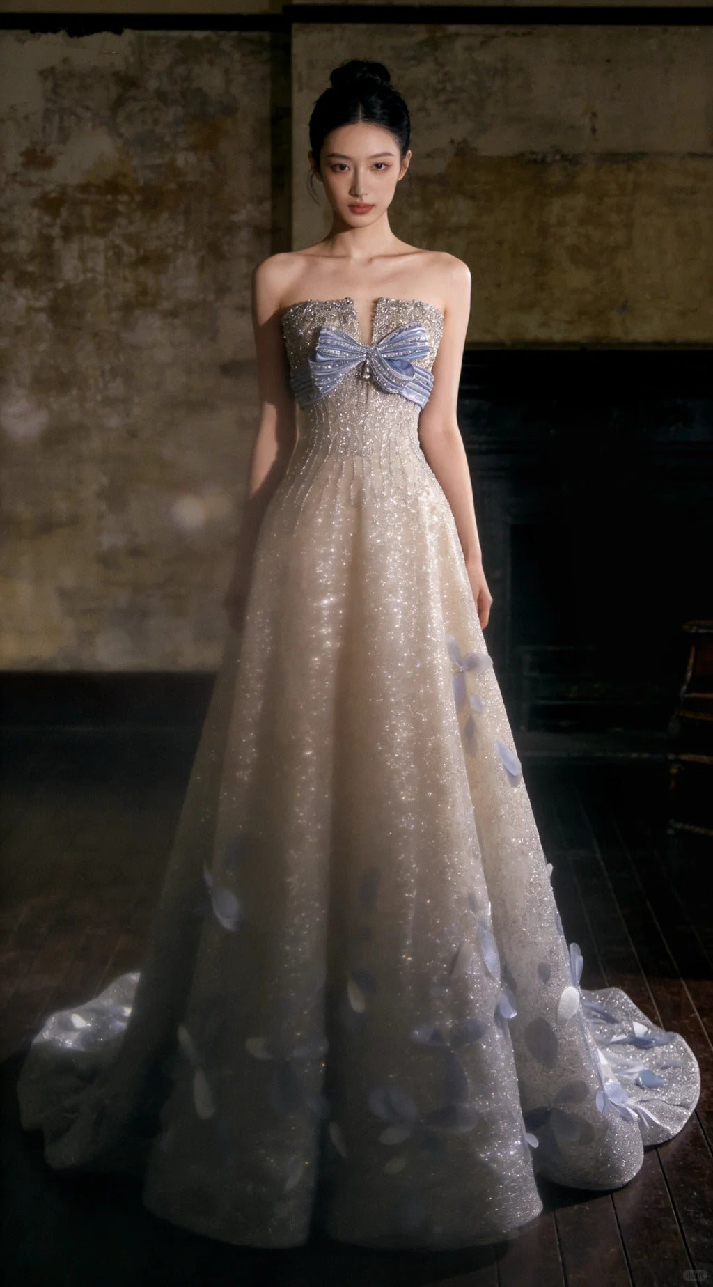Sparkling Off-Shoulder Evening Dress with Bow Bust Cascading Blue Appliques SL223