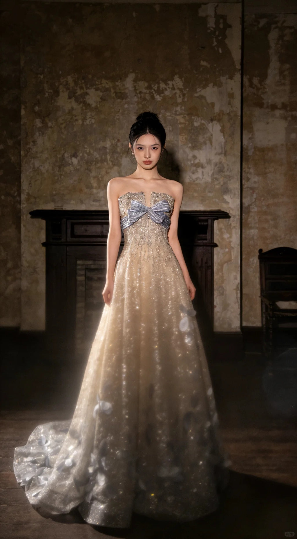 Sparkling Off-Shoulder Evening Dress with Bow Bust Cascading Blue Appliques SL223