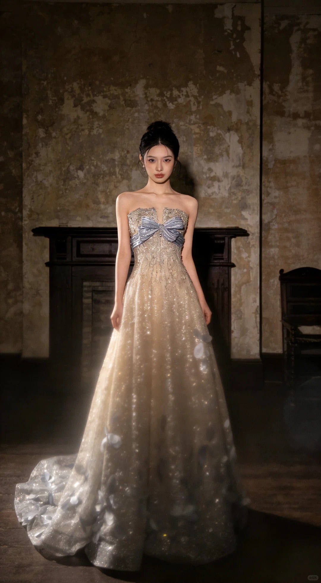 Sparkling Off-Shoulder Evening Dress with Bow Bust Cascading Blue Appliques SL223