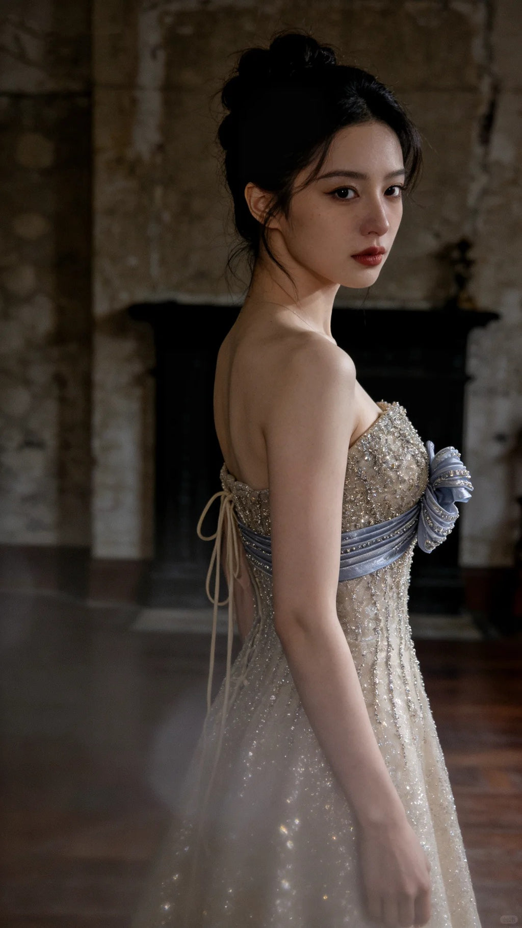Sparkling Off-Shoulder Evening Dress with Bow Bust Cascading Blue Appliques SL223
