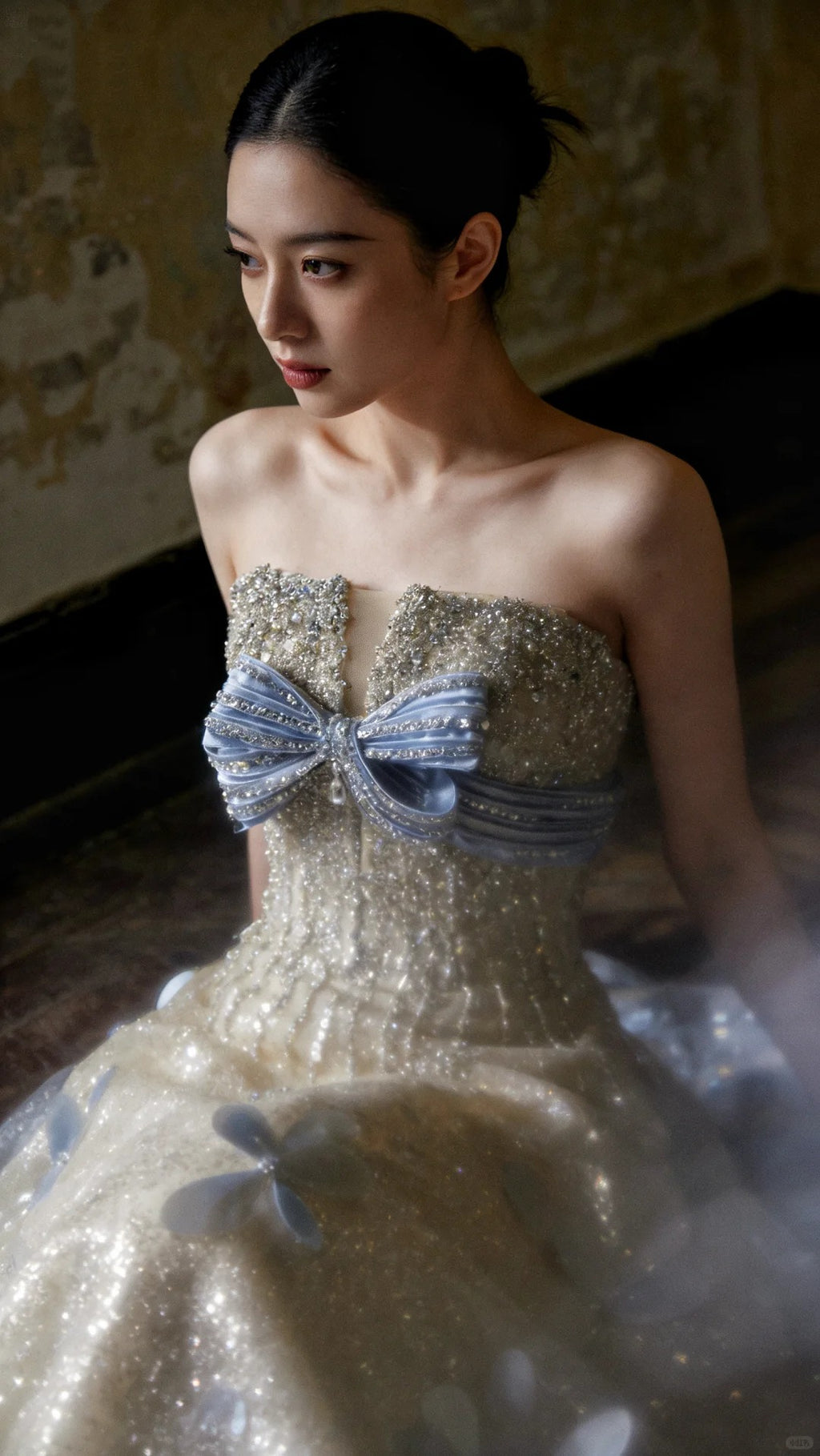 Sparkling Off-Shoulder Evening Dress with Bow Bust Cascading Blue Appliques SL223