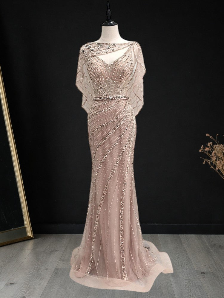 Champagne Beaded Mermaid Evening Gown with Illusion Neckline SL166