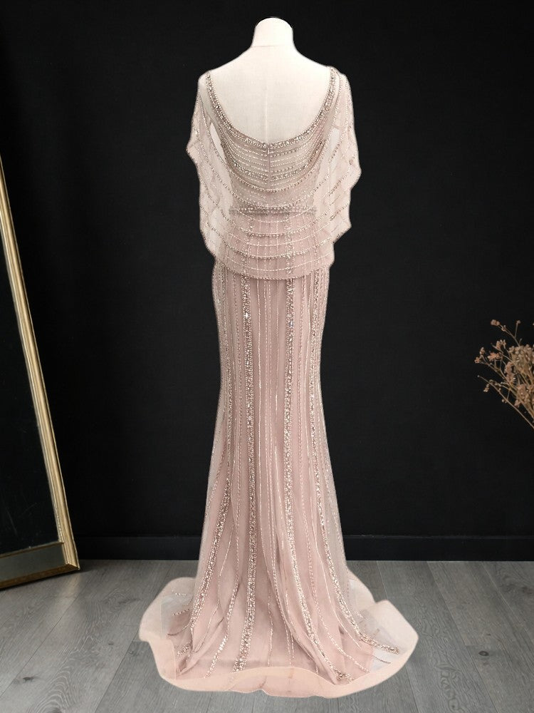 Champagne Beaded Mermaid Evening Gown with Illusion Neckline SL166