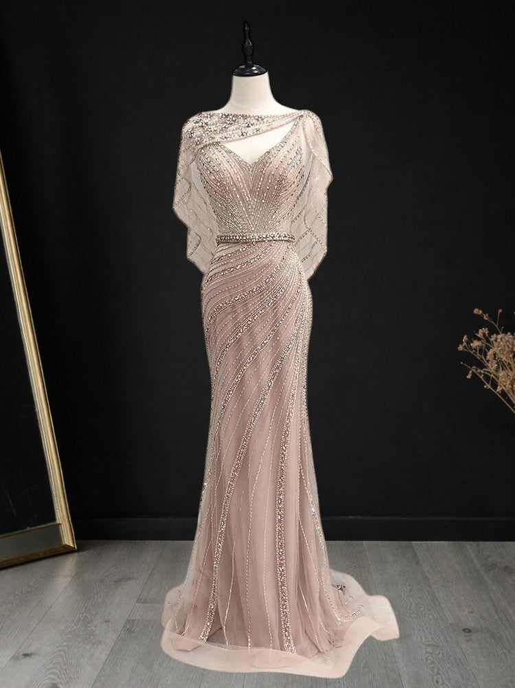 Champagne Beaded Mermaid Evening Gown with Illusion Neckline SL166