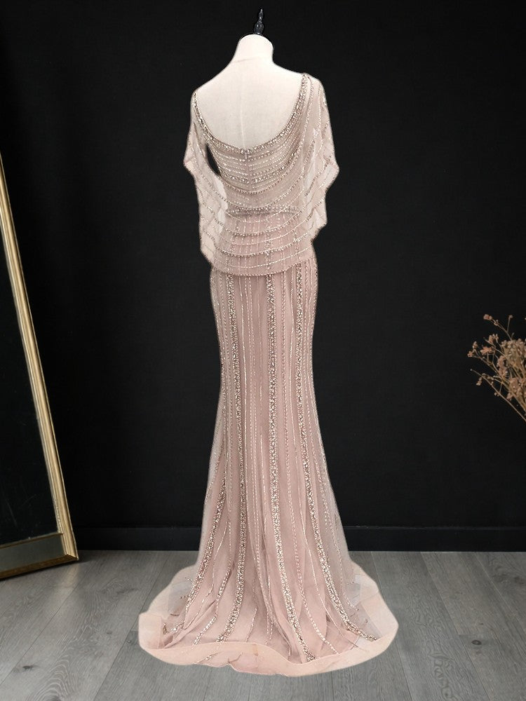 Champagne Beaded Mermaid Evening Gown with Illusion Neckline SL166