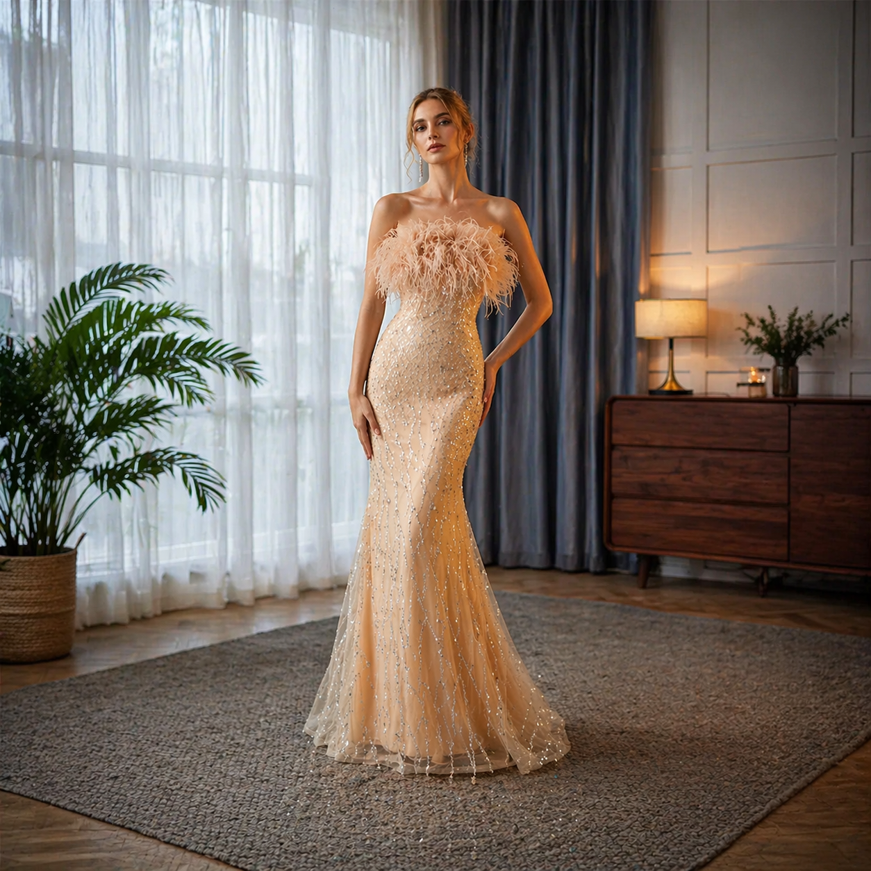 Champagne Feather - Trimmed Evening Dress with Sequins E037