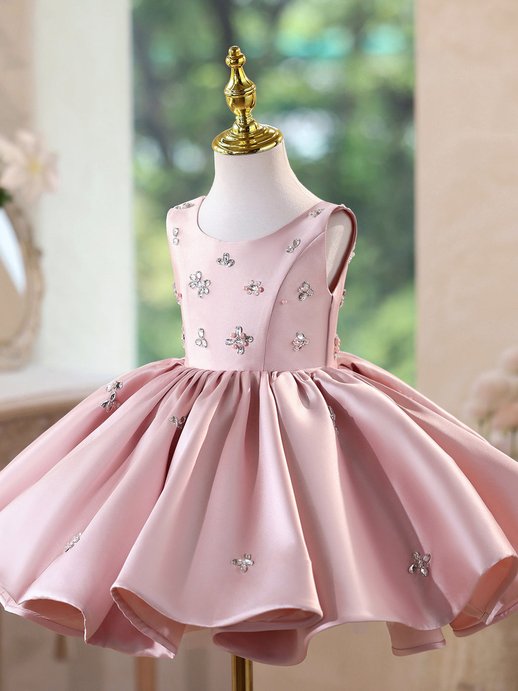 Sleeveless Light Blue Satin Flower Girl Dress with Rhinestone for Wedding Birthday Party N01