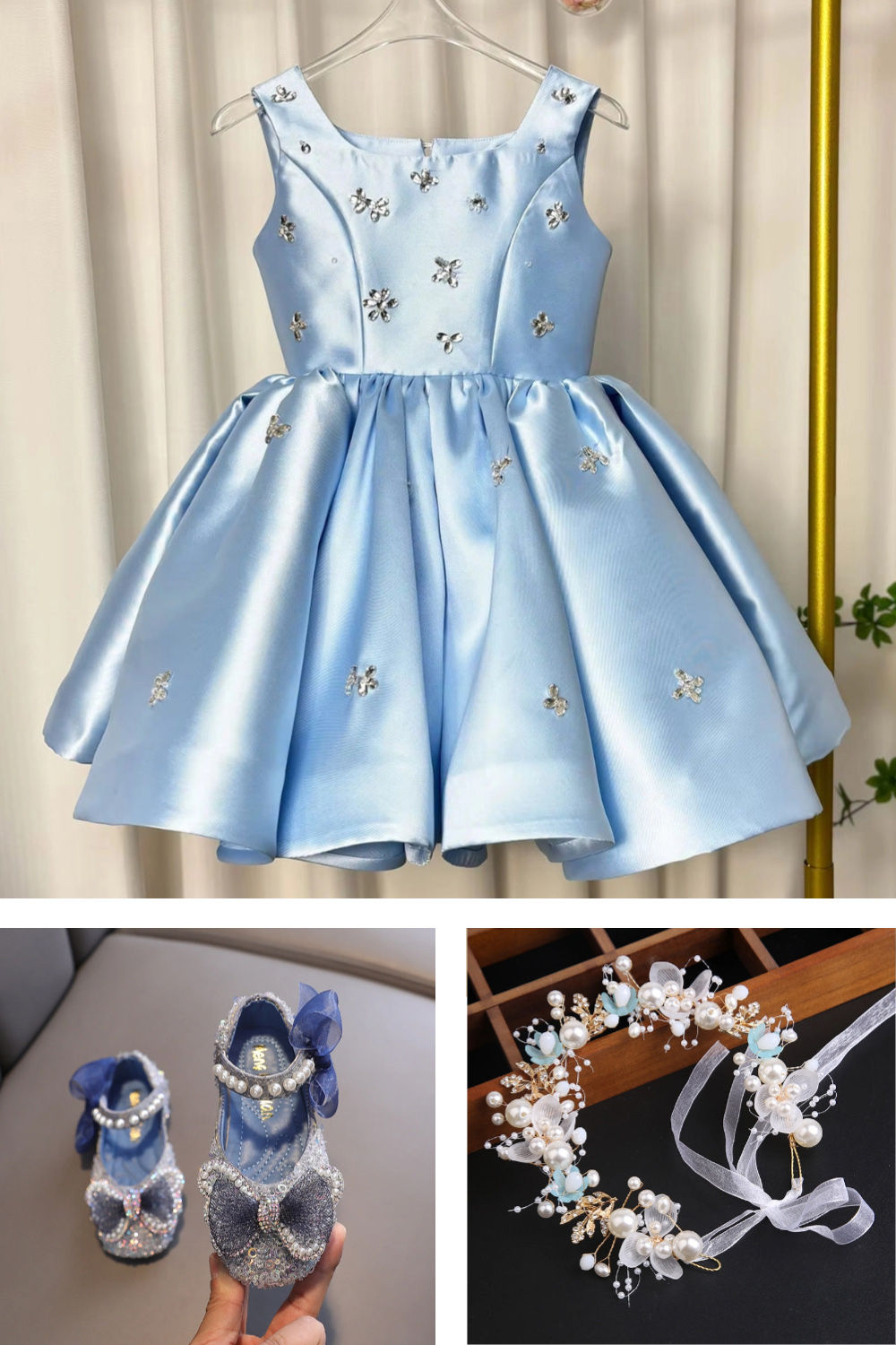 Sleeveless Light Blue Satin Flower Girl Dress with Rhinestone for Wedding Birthday Party N01