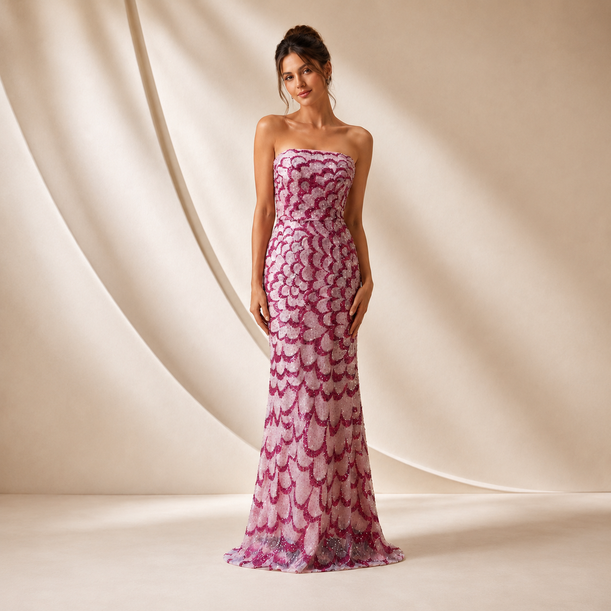 Luxury Pink Strapless Sequin Mermaid Evening Gown with Beading SL131
