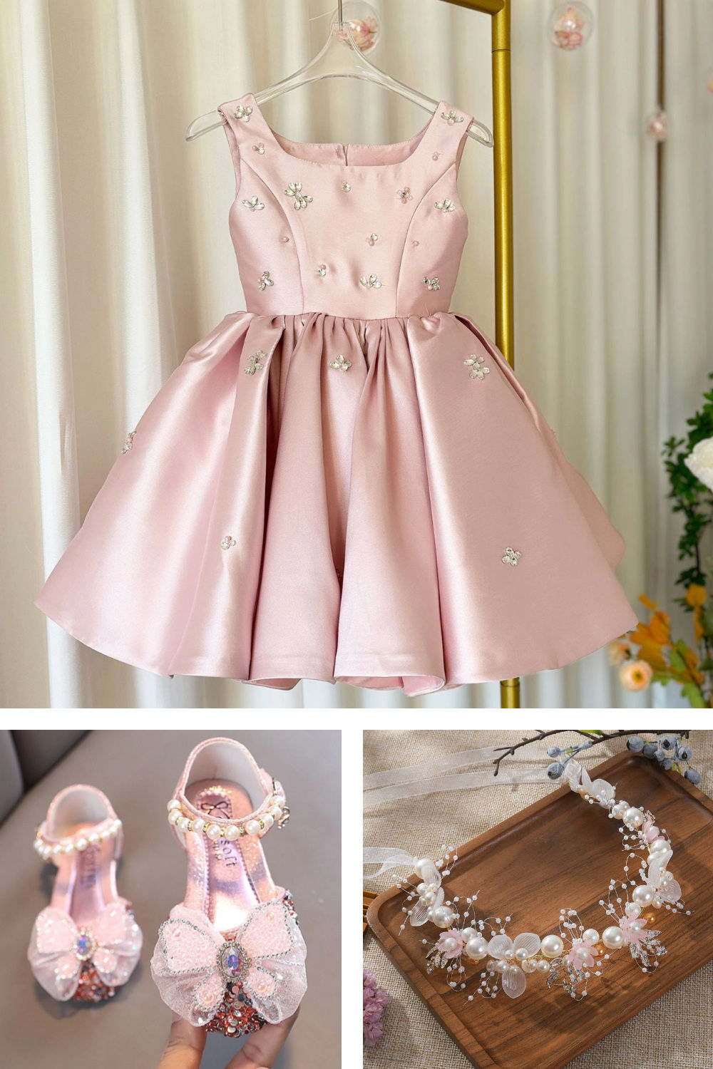 Sleeveless Light Blue Satin Flower Girl Dress with Rhinestone for Wedding Birthday Party N01