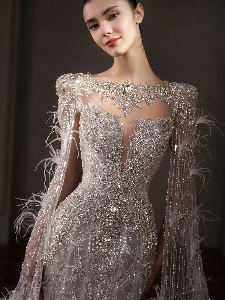 silver mermaid wedding dress Luxury Silver Beaded Mermaid Wedding Dress with Feather Cape Sleeves S –  twinkle gowns