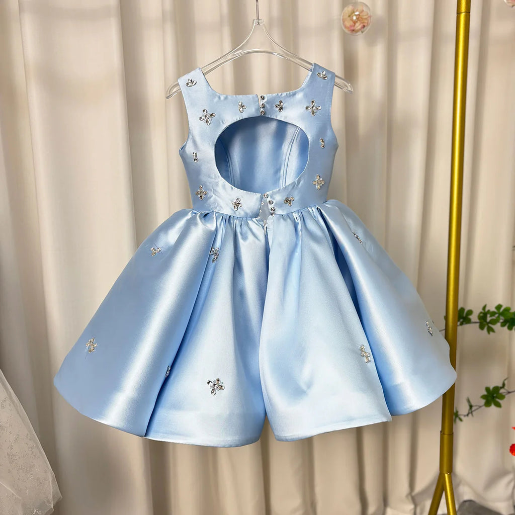 Sleeveless Light Blue Satin Flower Girl Dress with Rhinestone for Wedding Birthday Party N01