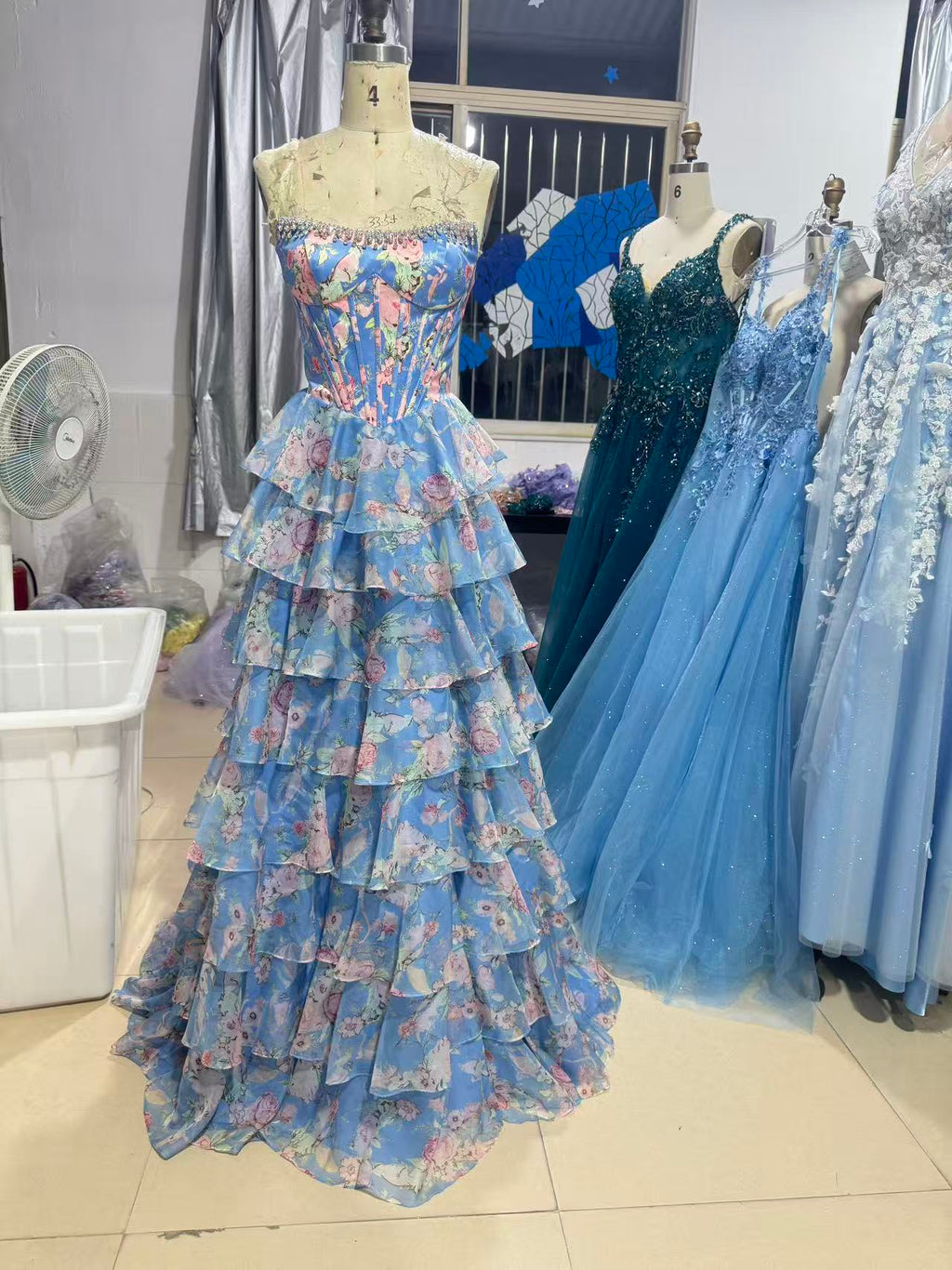 Floral Tiered Strapless with Slit Prom Gown CZ154