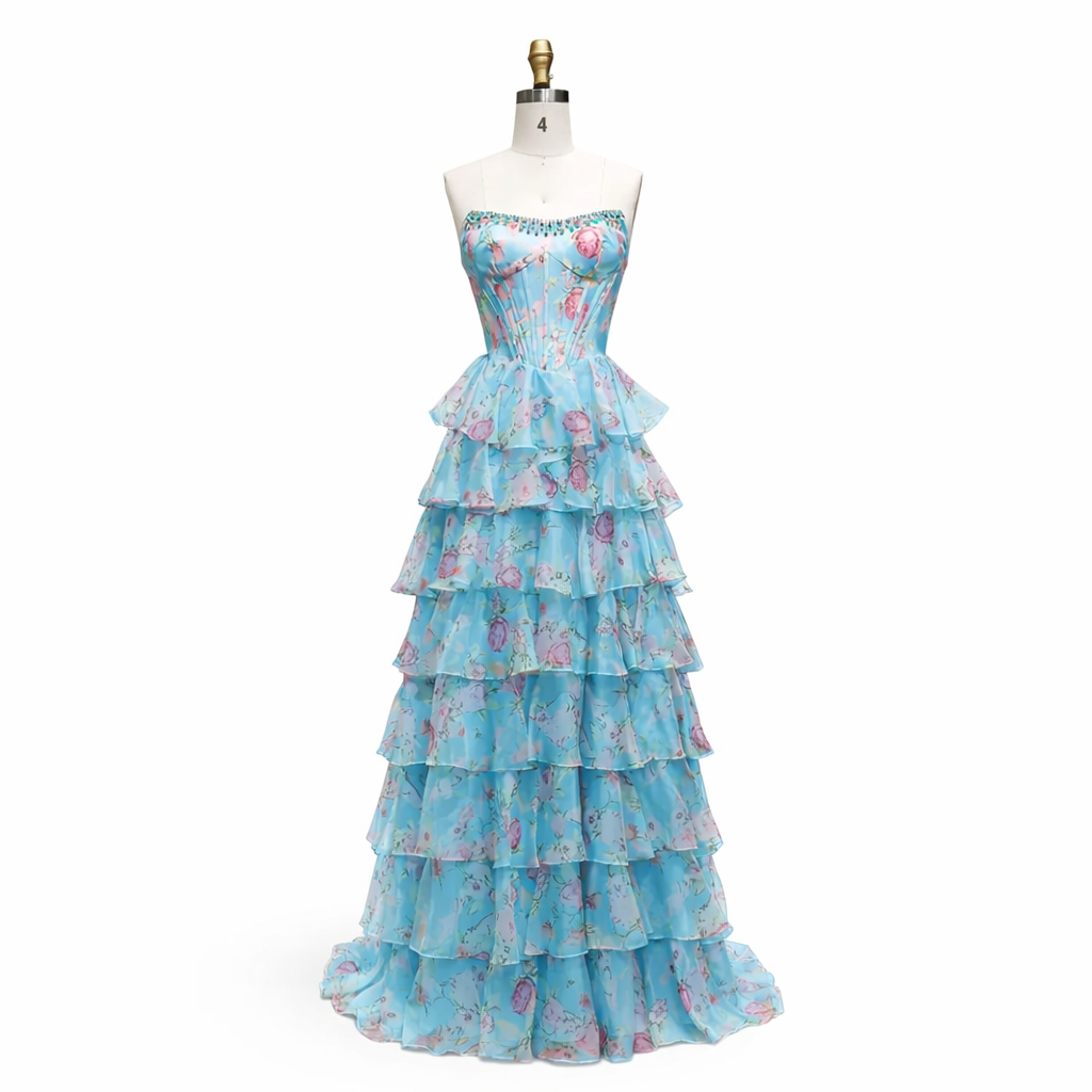 Floral Tiered Strapless with Slit Prom Gown CZ154