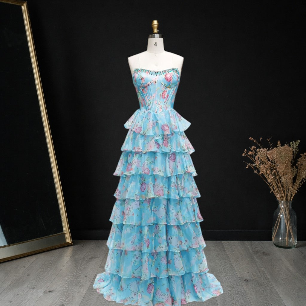 Floral Tiered Strapless with Slit Prom Gown CZ154