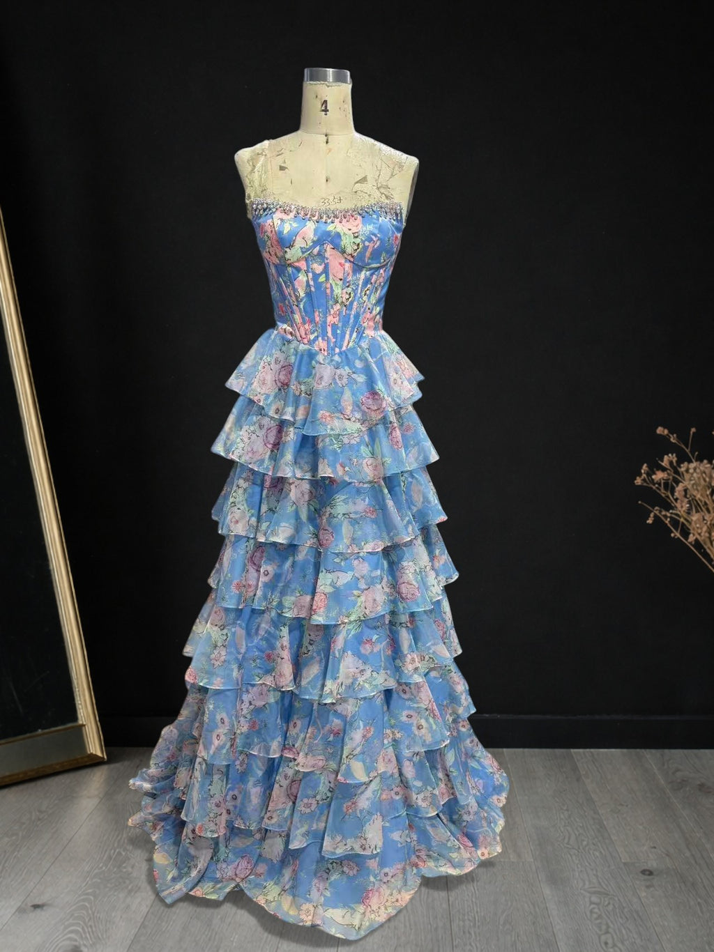 Floral Tiered Strapless with Slit Prom Gown CZ154
