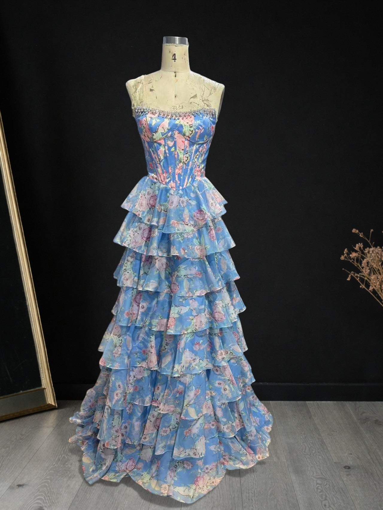 Floral Tiered Strapless with Slit Prom Gown CZ154