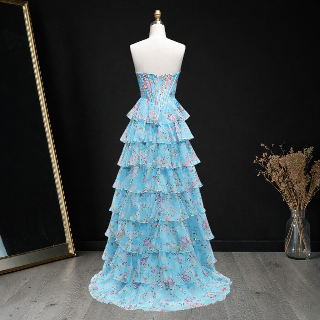 Floral Tiered Strapless with Slit Prom Gown CZ154