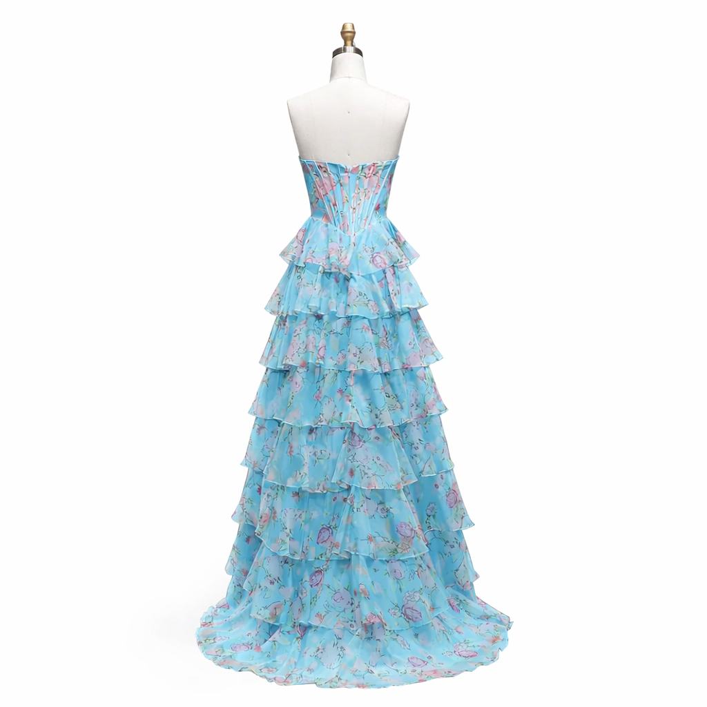 Floral Tiered Strapless with Slit Prom Gown CZ154