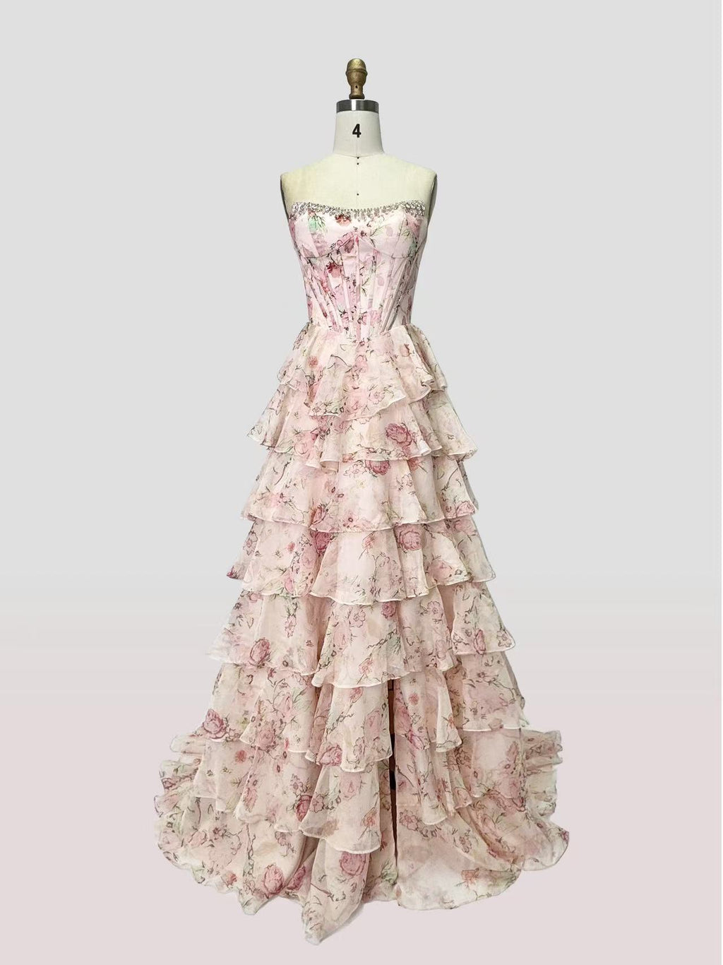 Floral Tiered Strapless with Slit Prom Gown CZ154