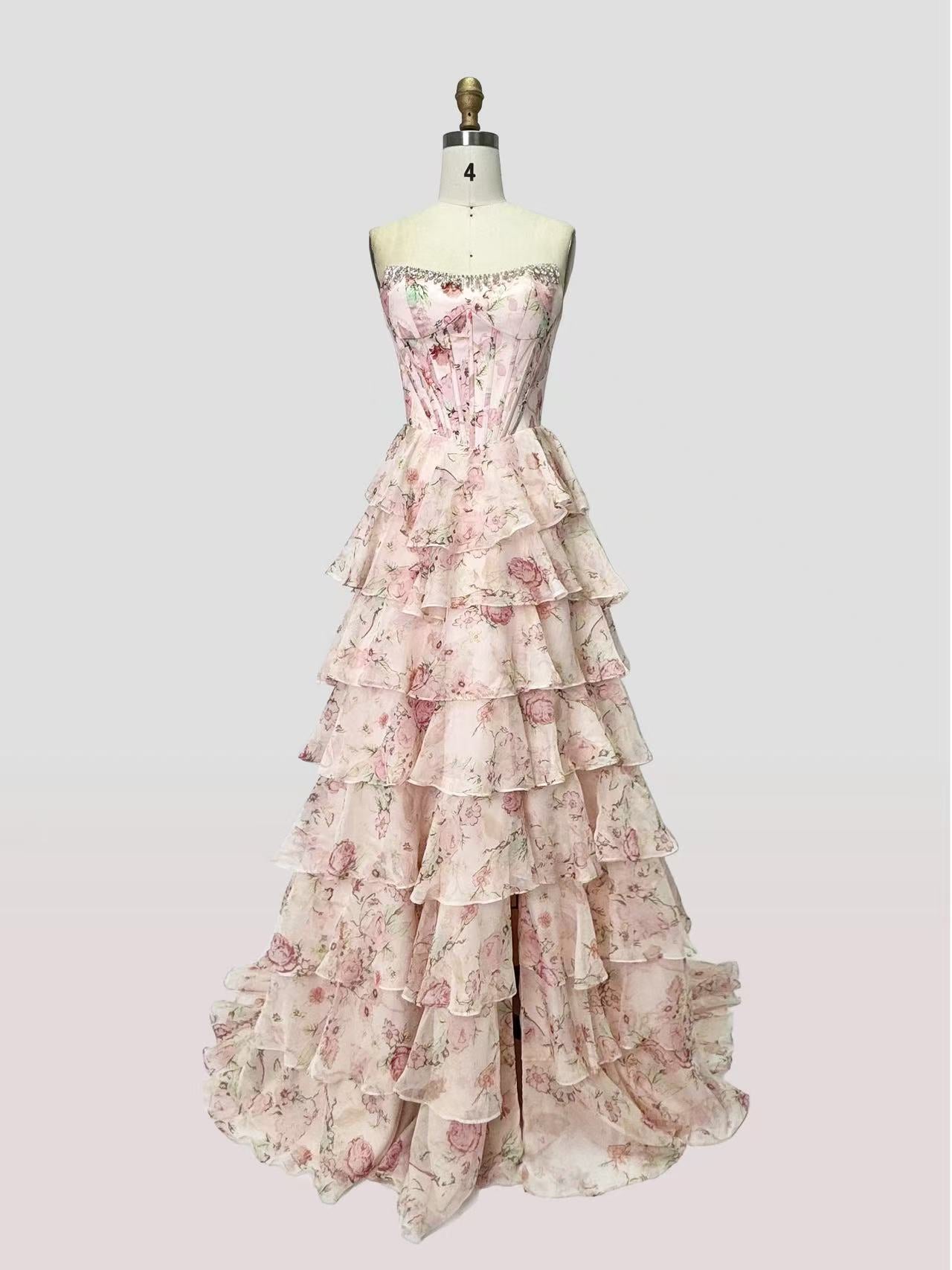 Floral Tiered Strapless with Slit Prom Gown CZ154