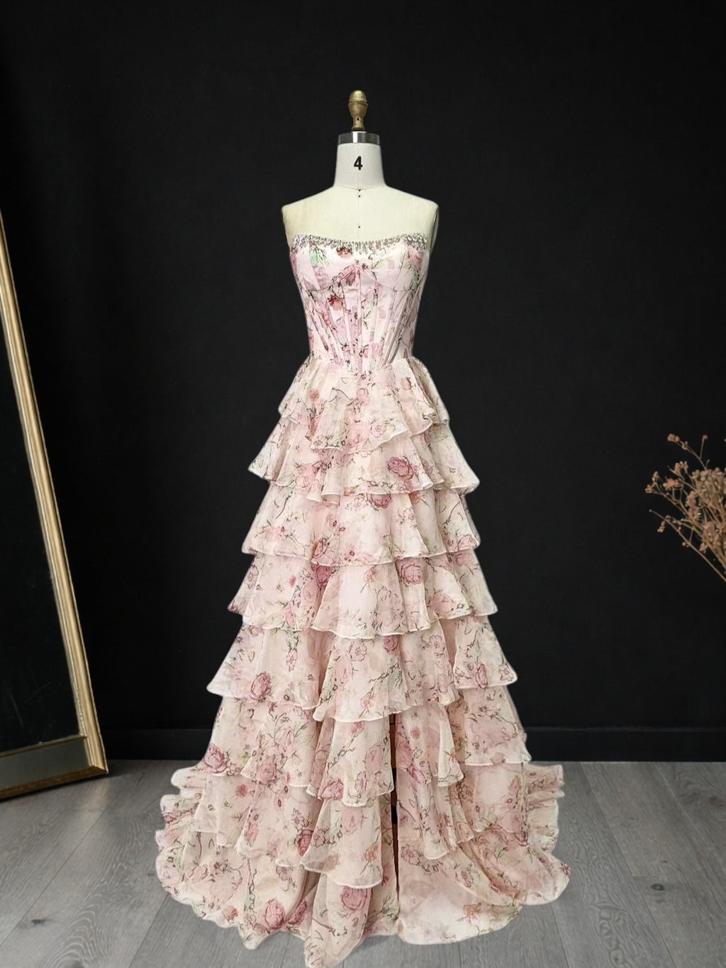 Floral Tiered Strapless with Slit Prom Gown CZ154
