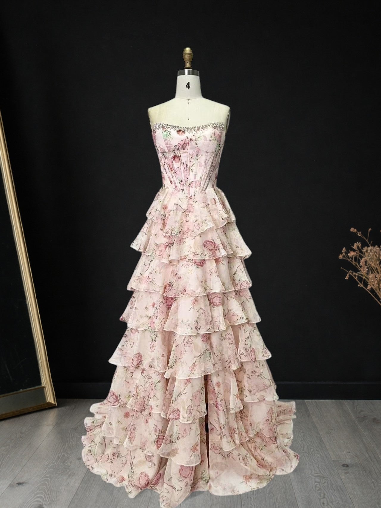 Floral Tiered Strapless with Slit Prom Gown CZ154