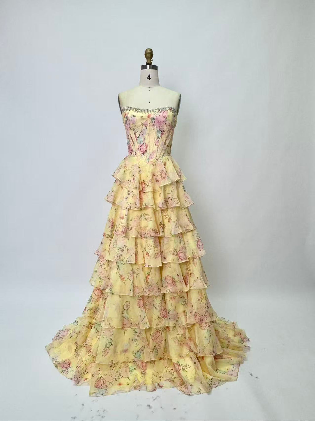 Floral Tiered Strapless with Slit Prom Gown CZ154