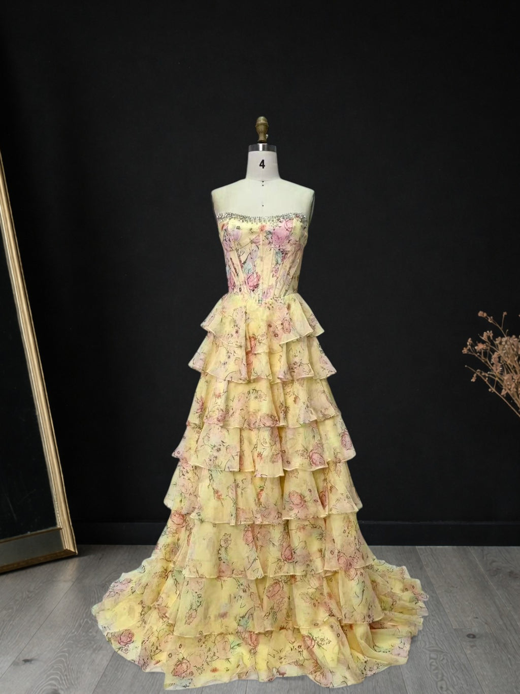 Floral Tiered Strapless with Slit Prom Gown CZ154