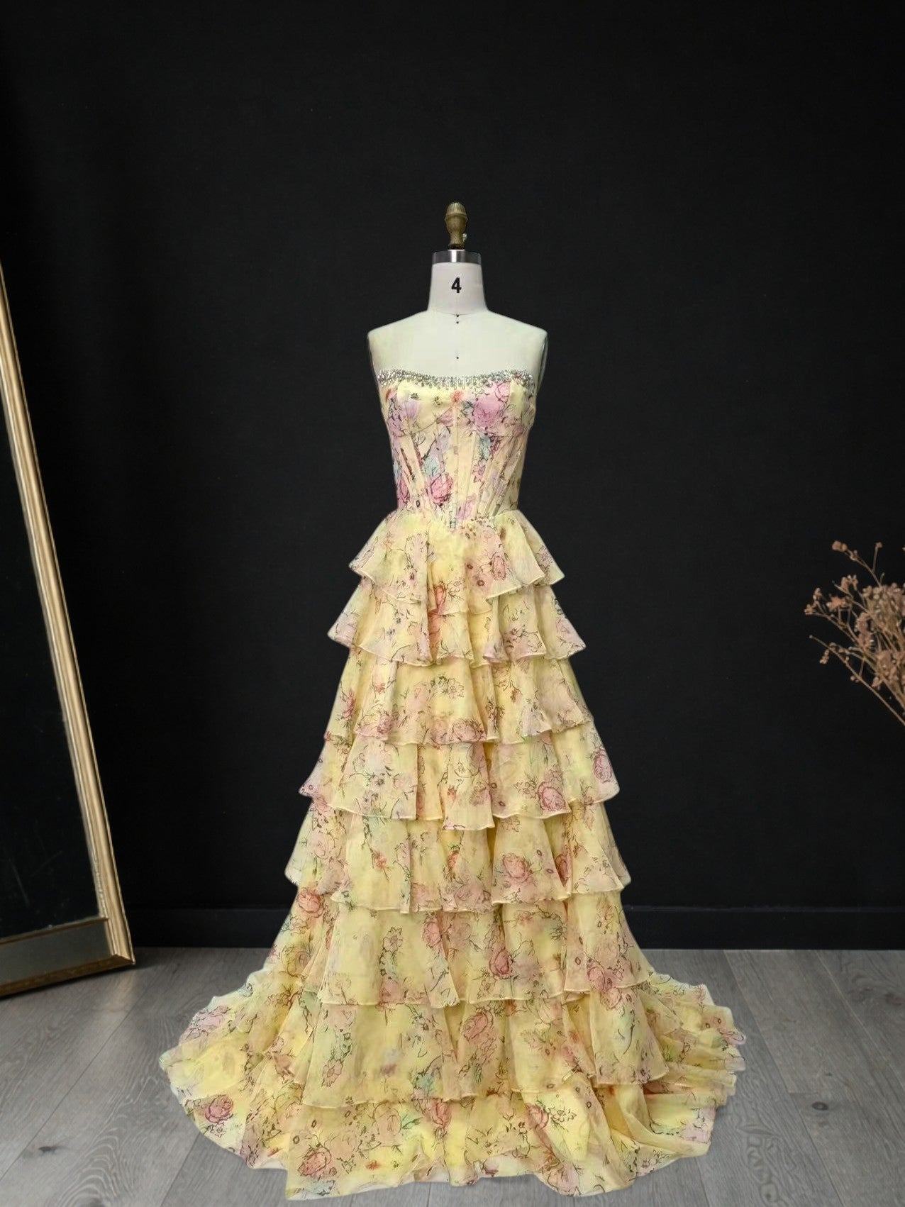 Floral Tiered Strapless with Slit Prom Gown CZ154