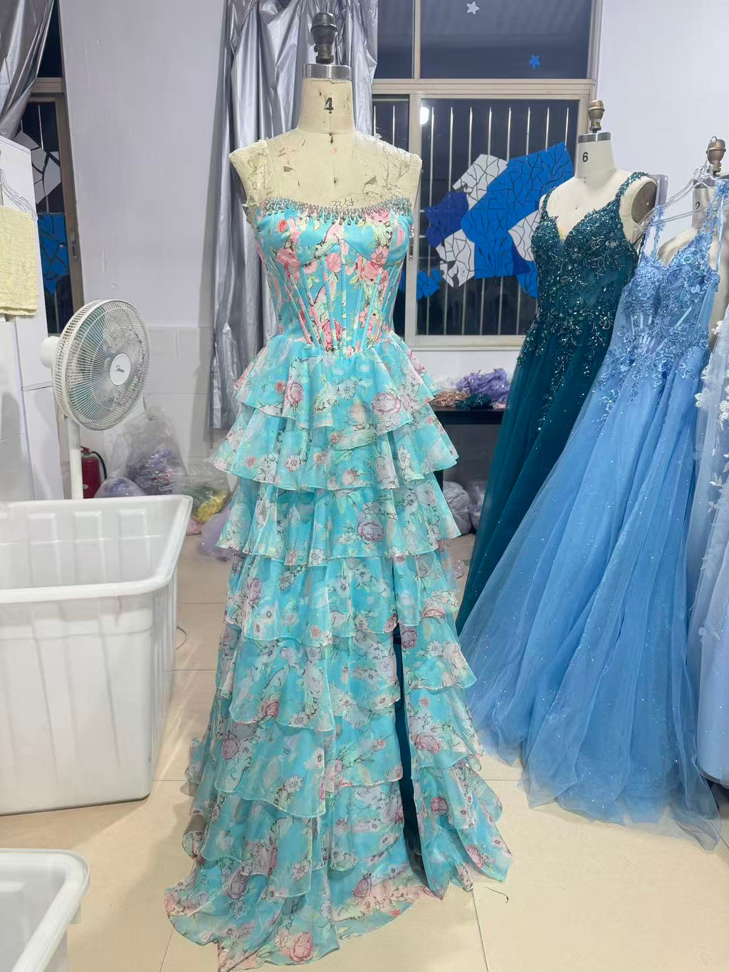 Floral Tiered Strapless with Slit Prom Gown CZ154