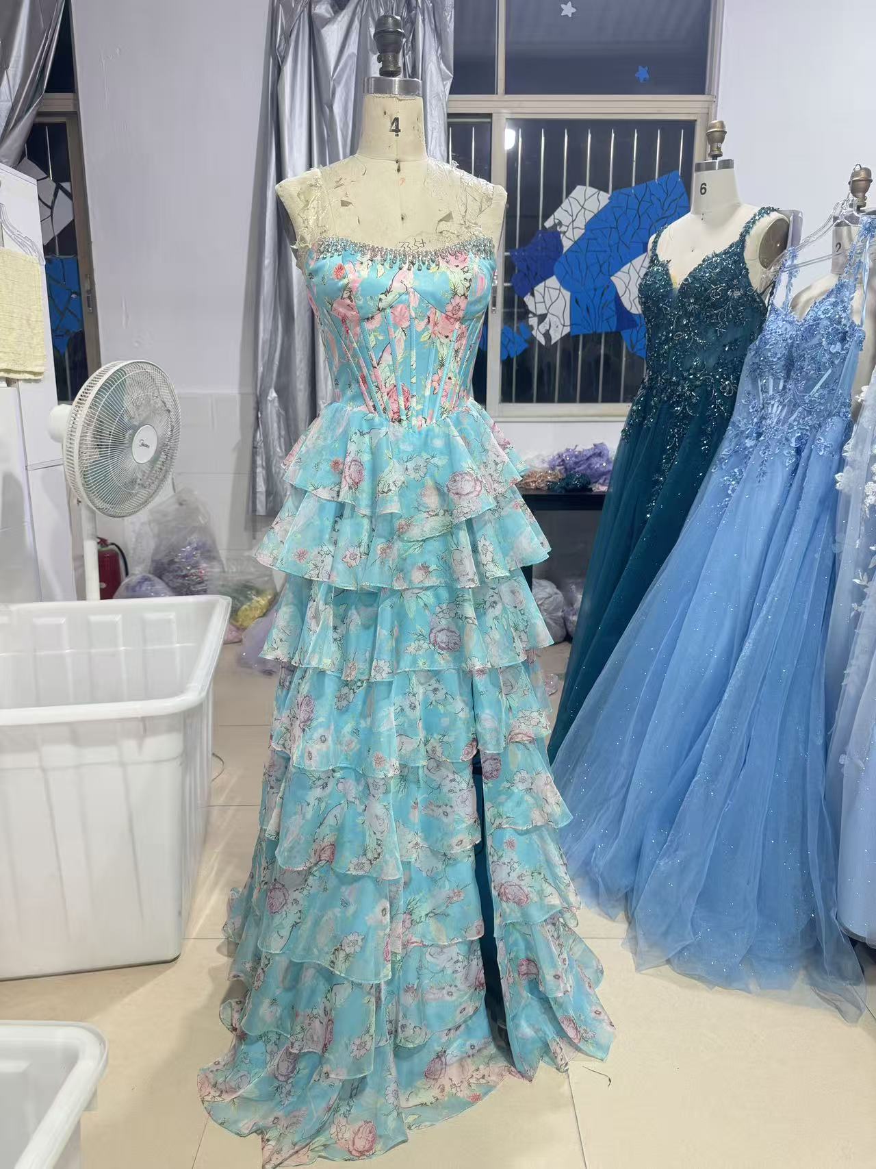 Floral Tiered Strapless with Slit Prom Gown CZ154